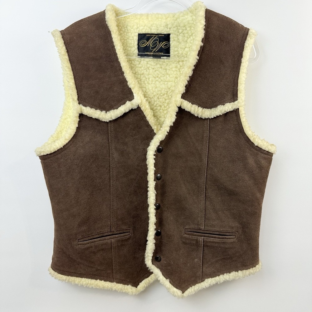 Vintage Montgomery Ward Shearling Lined Leather Vest Mens M‎ Brown Western